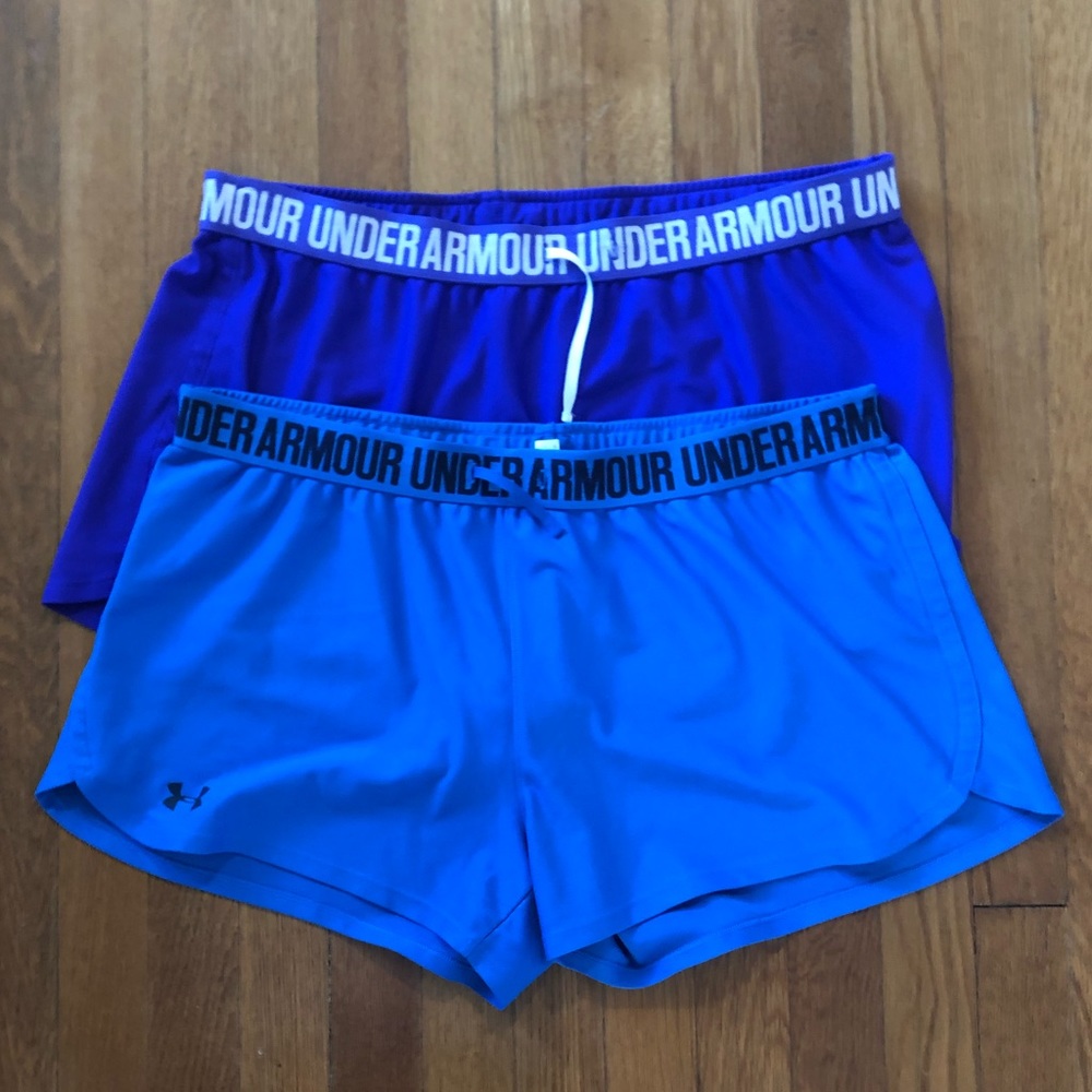 2 under armour play up shorts blue and purple